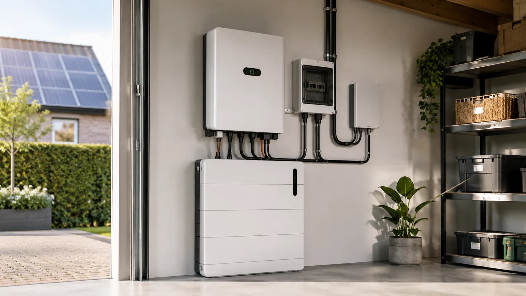 Thuisbatterij en omvormer in een lichte technische ruimte