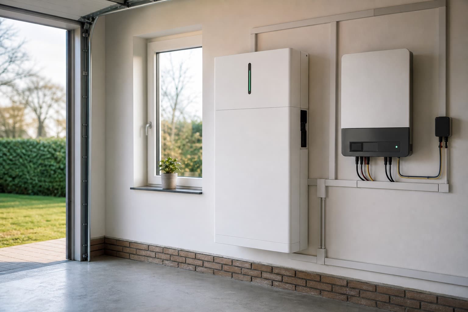 Netjes geïnstalleerde thuisbatterij in een technische ruimte