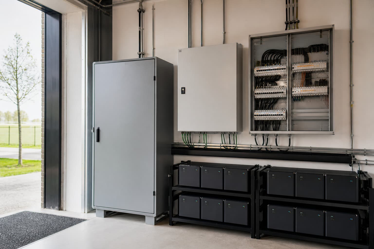 Accu- en omvormerinstallatie als illustratie van een off-grid energiesysteem
