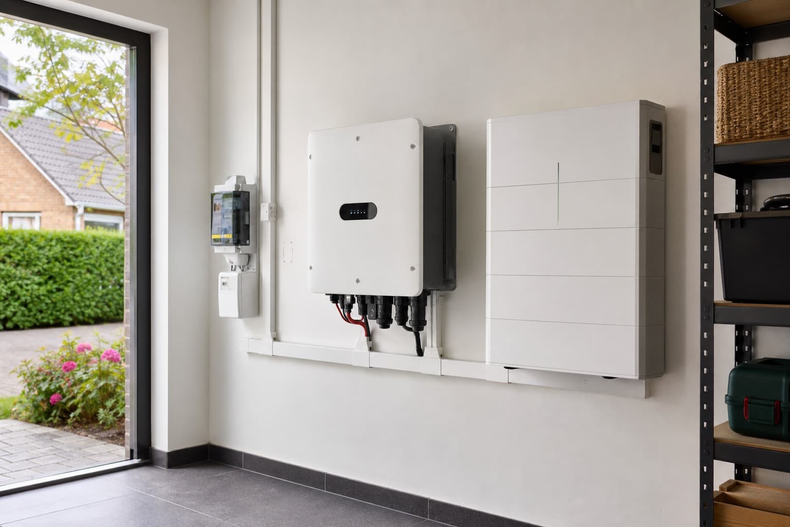 Thuisbatterij in een technische ruimte als illustratie van energieopslag